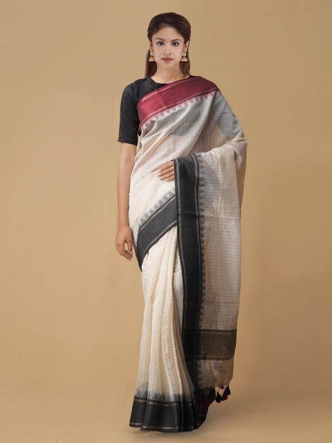 

Unnati Silks Cream-Coloured & Black Silk Cotton Checked Chanderi Saree