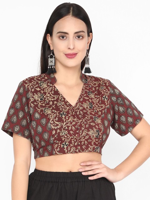 

Molcha Brown & Beige Ajrak Printed Saree Blouse