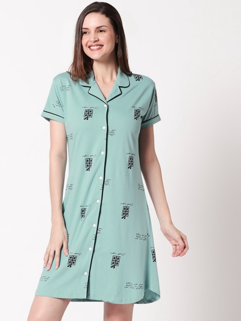 

Zeyo Women Sea Green Printed Sleep Shirt