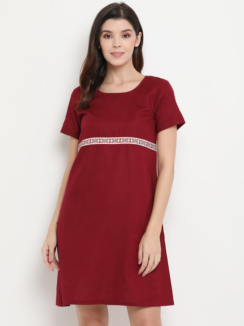 

THREAD MUSTER Women Maroon Solid A-Line Dress