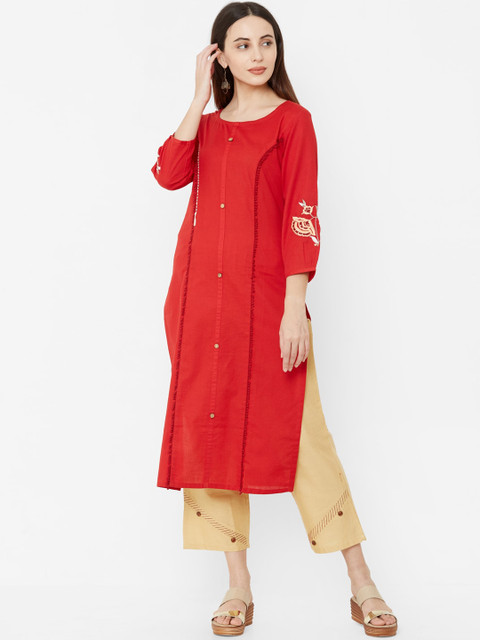 

Os Women Red & Beige Embroidered Kurta with Trousers