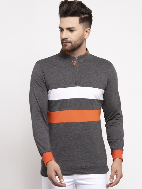 

Kalt Men Charcoal Grey & White Striped Mandarin Collar T-shirt