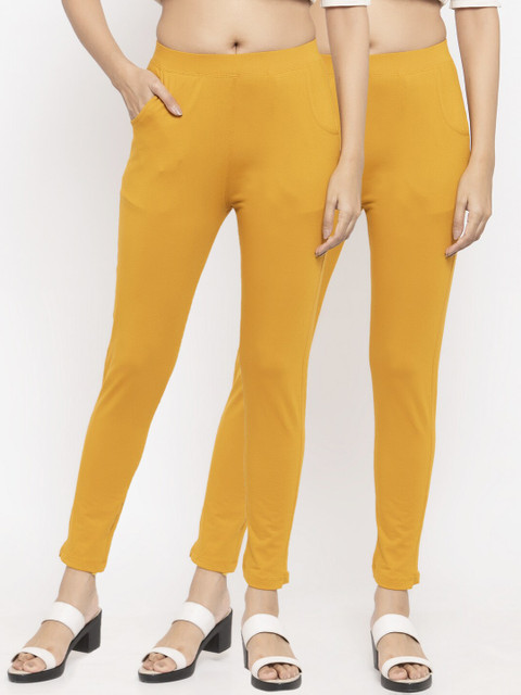 

NEUDIS Women Pack Of 2 Solid Ankle-Length Leggings, Mustard