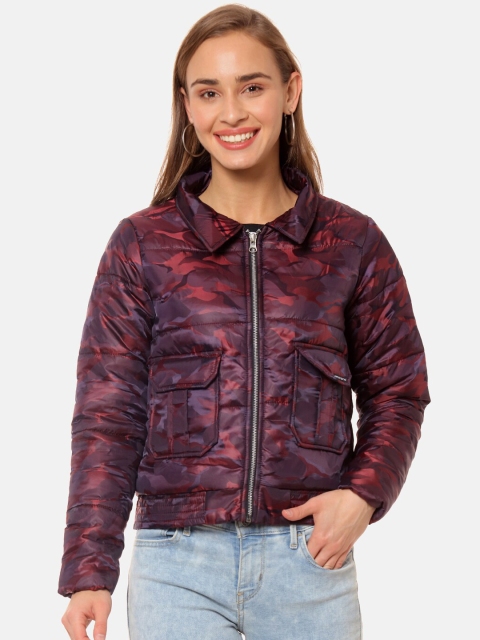 

Campus Sutra Women Maroon Camouflage Printed Windcheater Biker Jacket