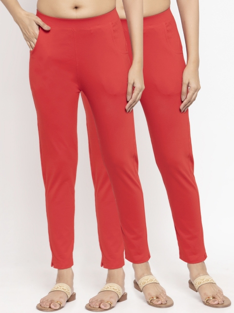 NEUDIS Women Pack Of 2 Red Solid Ankle-Length Leggings