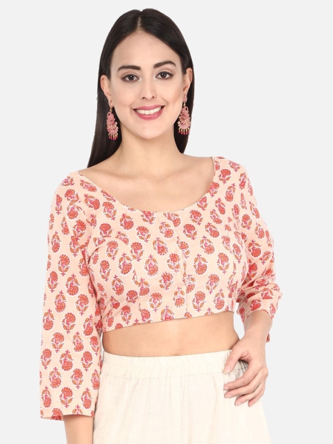 

Molcha Women Peach-Coloured & Red Printed Handcrafted Sanganeri Saree Blouse
