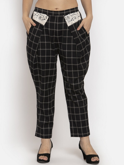 

Just Wow Women Black & Off-White Loose Fit Checked Peg Trousers