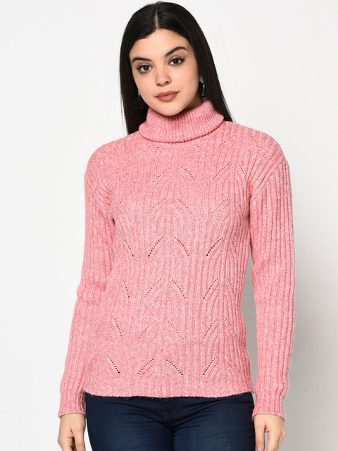 

METTLE Women Pink Self Design Pullover Sweater