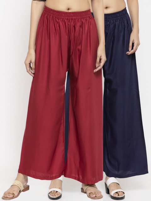 

NEUDIS Women Pack Of 2 Solid Flared Palazzos, Navy blue