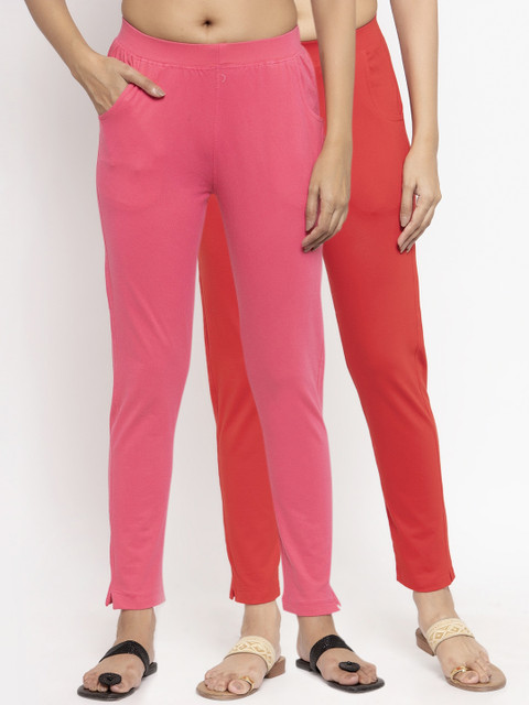 

NEUDIS Women Pack Of 2 Solid Ankle-Length Leggings, Pink