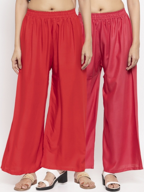 NEUDIS Women Pack Of 2 Red & Pink Solid Flared Palazzos