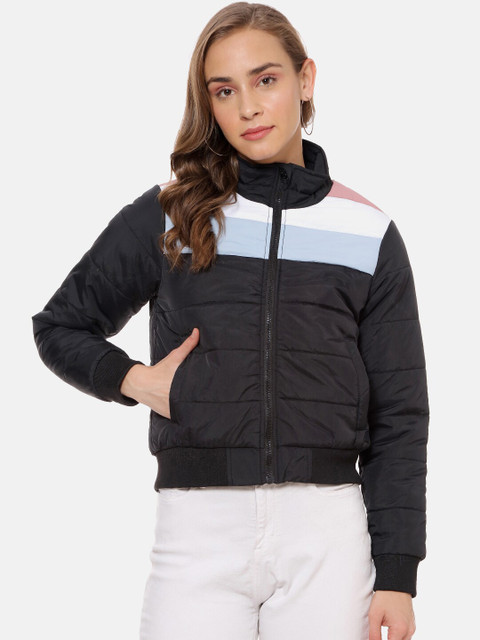 

Campus Sutra Women Black Colourblocked Windcheater Bomber Jacket