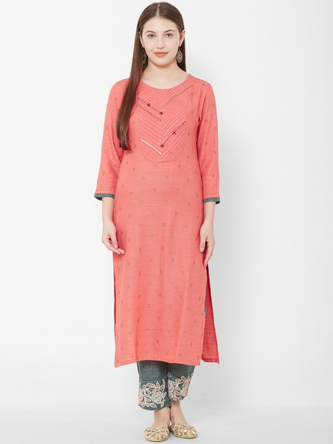 

Os Women Peach-Coloured & Green Embroidered Kurta with Trousers