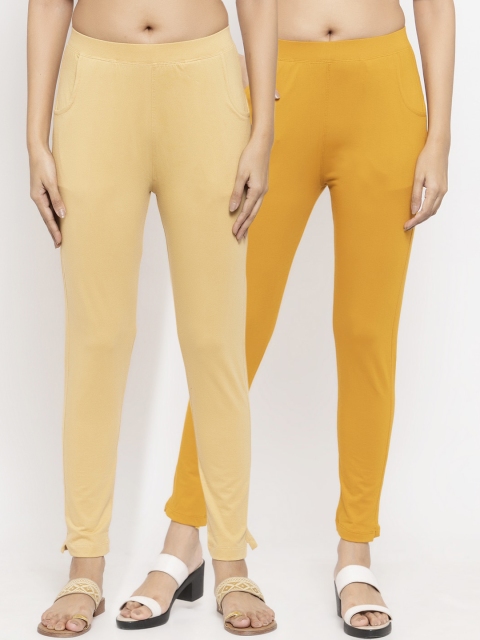 

NEUDIS Women Pack Of 2 Solid Ankle-Length Leggings, Mustard