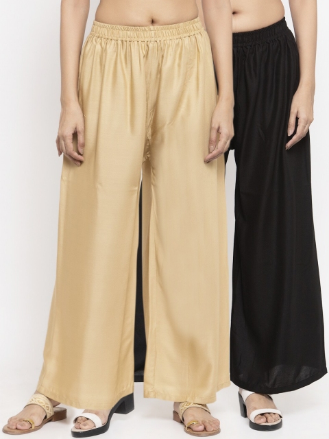 

NEUDIS Women Pack Of 2 Black & Beige Solid Flared Palazzos
