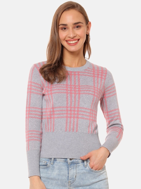 

Campus Sutra Women Grey & Orange Checked Sweatshirt
