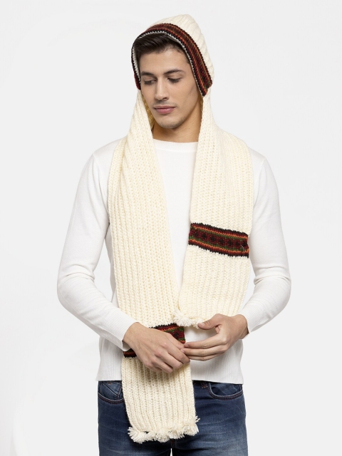 

Bodh Design Unisex Off-White & Brown Hand Knitted Hooded Muffler