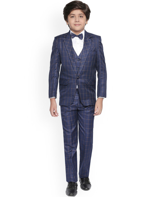 

Jeetethnics Boys Navy Blue & Yellow Checked Party Suit