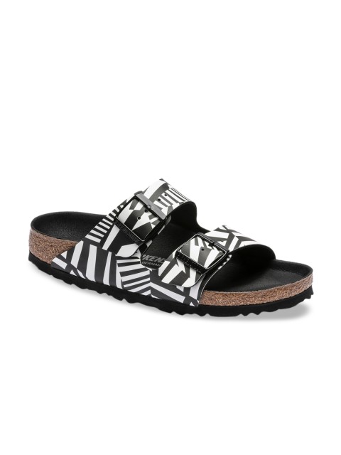 

Birkenstock Unisex Black Printed Synthetic Patent Arizona Regular Width Flats
