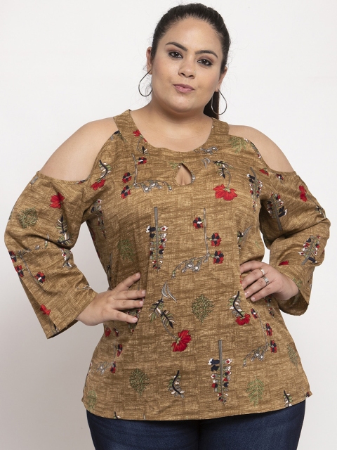 

Flambeur Women Brown Printed Cold Shoulder Top