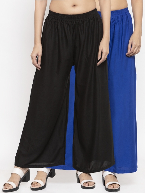 NEUDIS Women Pack Of 2 Black & Blue Solid Flared Palazzos