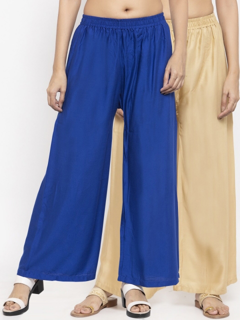 

NEUDIS Women Beige & Royal Blue Set of 2 Solid Flared Palazzos