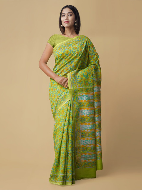 

Unnati Silks Green Printed Chanderi Saree