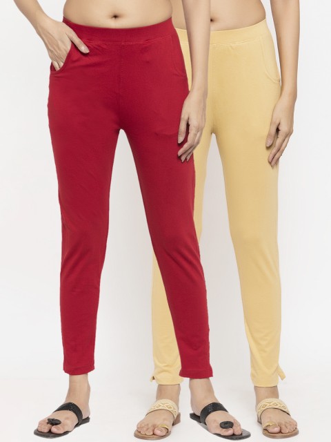 

NEUDIS Women Pack Of 2 Solid Ankle-Length Leggings, Red