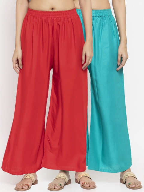 

NEUDIS Women Pack Of 2 Solid Flared Palazzos, Red