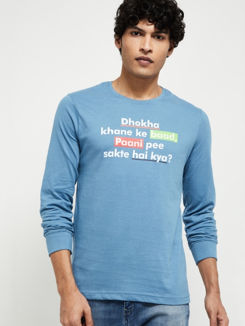 

max Men Blue Printed Round Neck T-shirt