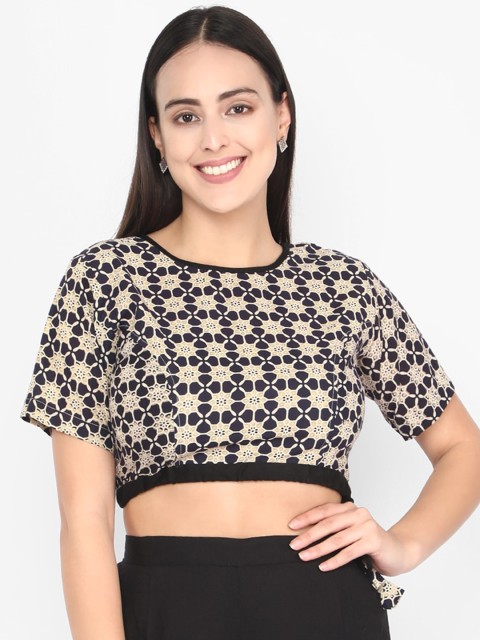 

Molcha Women Black & Cream Coloured Printed Readymade Saree Blouse