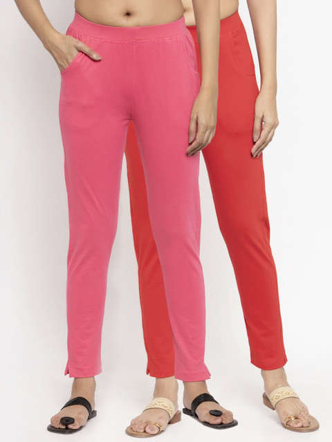 

NEUDIS Women Pack Of 2 Solid Ankle-Length Leggings, Pink