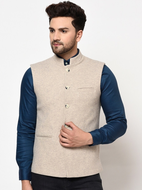 

METTLE Men Beige Solid Nehru Jacket