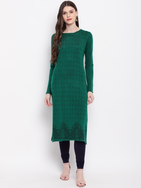 

Janasya Women Green & Black Woven Design Straight Kurta