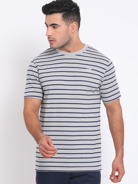 

New Balance Men Navy Blue & Grey Striped Round Neck T-shirt
