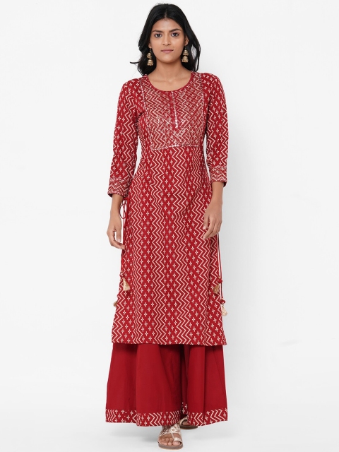 

FASHOR Women Maroon & Gold-Coloured Embroidered Kurta with Palazzos