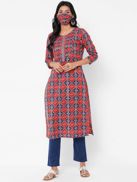 

FASHOR Women Red Striped Layered Pure Cotton Kurta with Trousers & With Dupatta