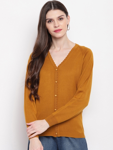 

Janasya Women Mustard Self Design Cardigan Sweater