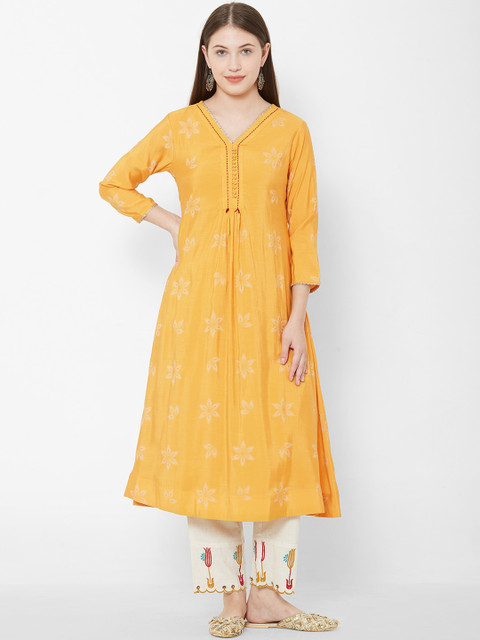 

Os Women Yellow & Off-White Printed Kurta with Trousers