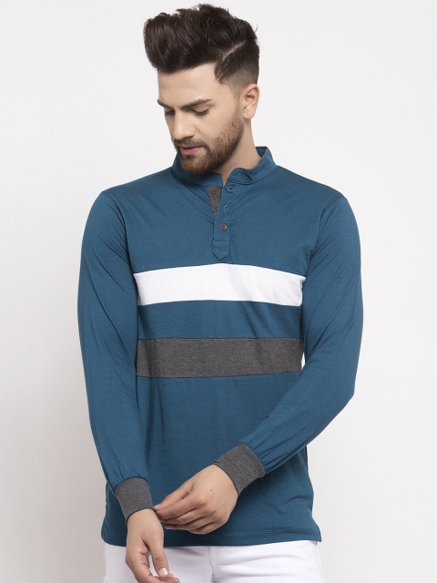 

Kalt Men Teal Blue Striped Mandarin Collar T-shirt