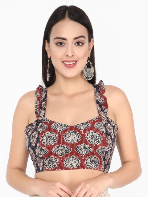 

Molcha Women Maroon & Black Printed Non-Padded Saree Blouse