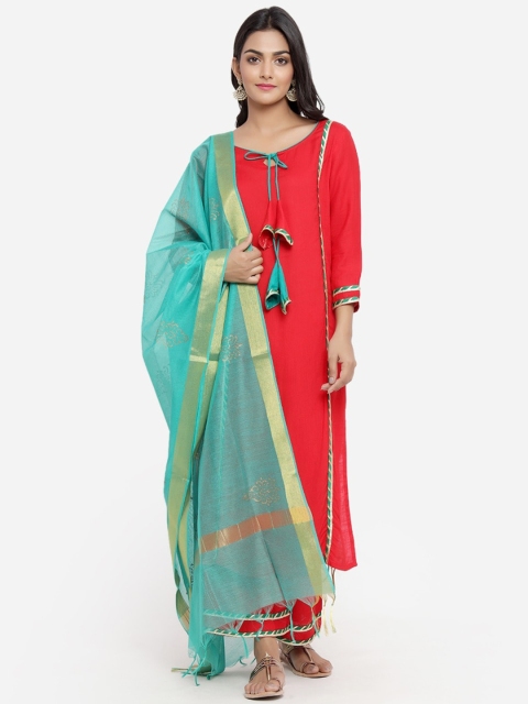 

Indi INSIDE Women Red & Green Solid Kurta with Palazzos & Dupatta