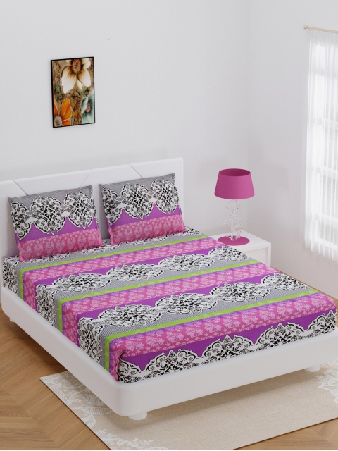 

BOMBAY DYEING Pink & Green Floral 144 TC Cotton 1 Queen Bedsheet with 2 Pillow Covers