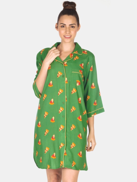 Smugglerz Women Green & Yellow Printed Sleep Shirt