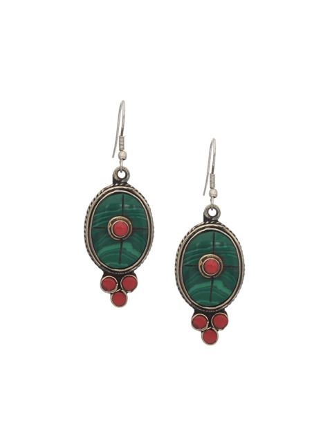 

Bodh Design Silver-Toned & Green Contemporary Drop Earrings