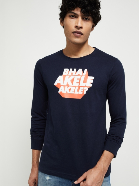 max Men Blue Printed Round Neck Pure Cotton T-shirt