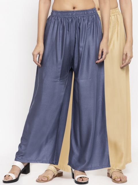 

NEUDIS Women Pack Of 2 Grey & Beige Solid Flared Palazzos