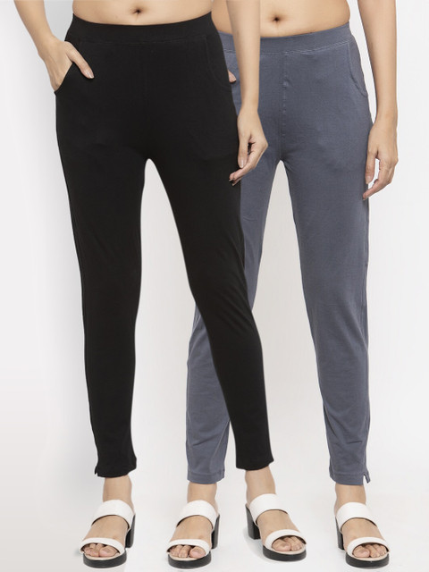 

NEUDIS Women Pack Of 2 Solid Ankle-Length Leggings, Black