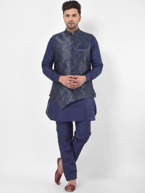 

SG RAJASAHAB Men Navy Blue & Gold-Coloured Solid Kurta with Pyjamas & Nehru Jacket