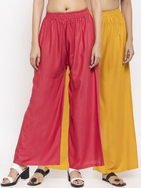 

NEUDIS Women Pack Of 2 Pink & Yellow Solid Flared Palazzos